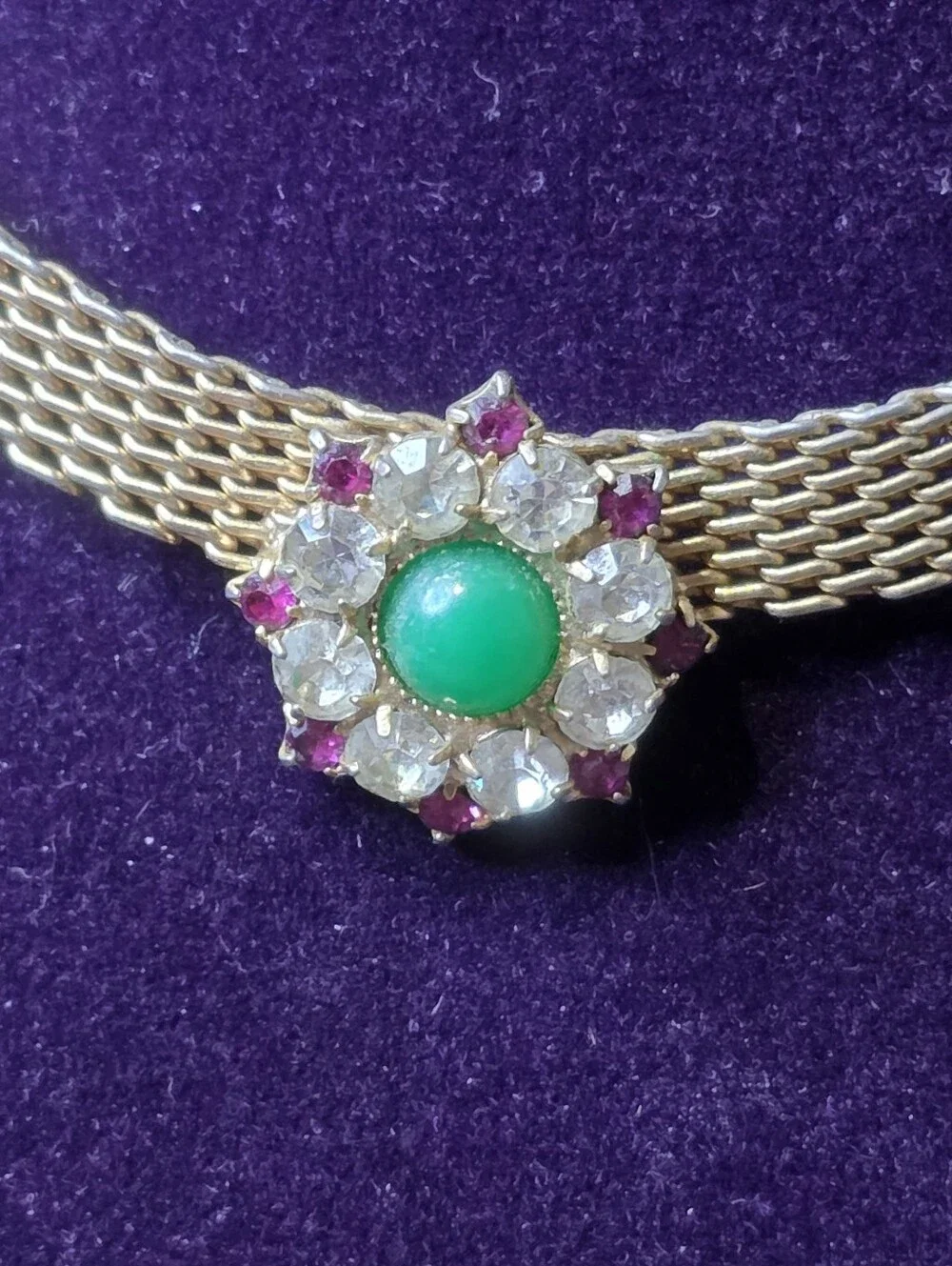 Vintage Attributed Juliana D&E Studio Girl Mesh Choker Green Cabochon 18